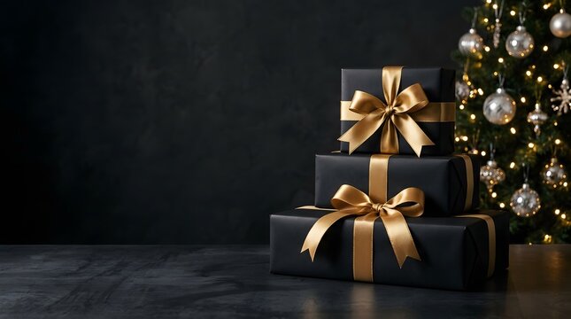 Elegant christmas scene dark background with gift boxes and a beautifully decorated christmas tree