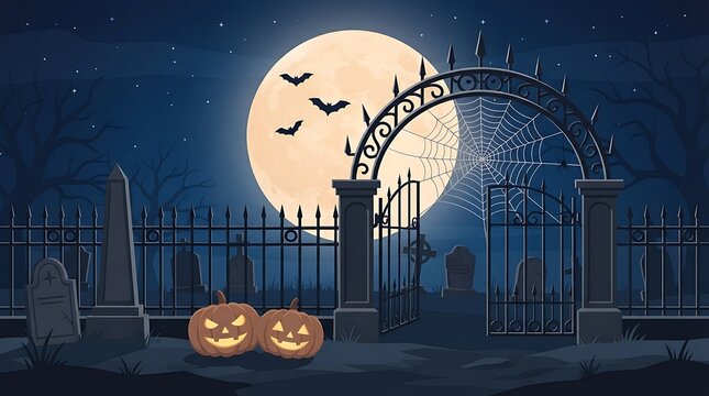 Halloween jack o lanterns with moon and haunted fence at night