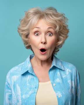 Shocked elderly woman with wide eyes and open mouth on blue background