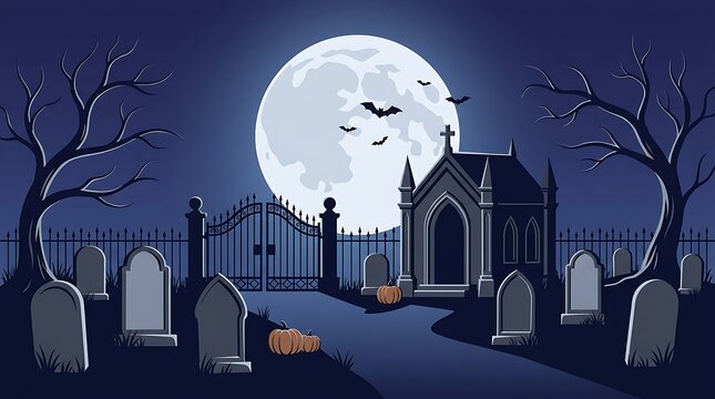Spooky graveyard scene under a full moon with tombstones and bats