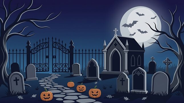 Halloween scene with jack o lanterns in a haunted graveyard under moonlight