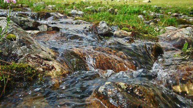 Clear mountain stream flowing over rocks in nature