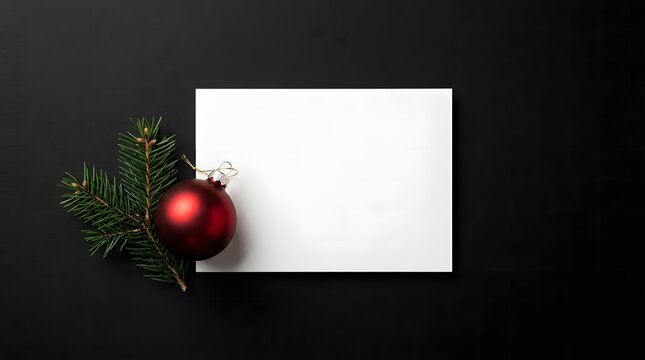 Elegant christmas mockup with a blank white frame festive ornament and dark evergreen branches