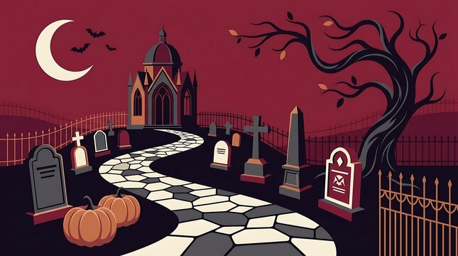 Spooky halloween cemetery scene with haunted house and pumpkins