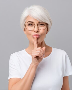 Stylish mature woman with white hair gesturing hush sign on grey background