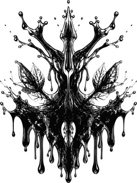 A monochromatic, symmetrical inkblot with a rorschach style that resembles a dark, gothic tree or creature. Sticky sap drips from its form, creating a mysterious and slightly spooky atmosphere.