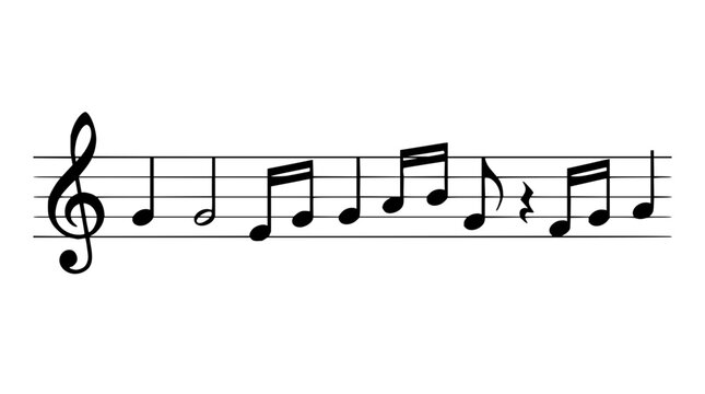 Music notes set with black and white staff featuring treble clef, quarter notes, eighth notes, whole note, and rests