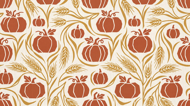 Seamless autumn pattern with hand drawn pumpkins and wheat stalks on cream background