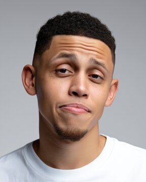Young man with an awkward embarrassed facial expression isolated on gray background