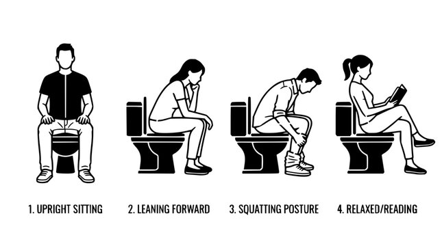 People set with various toilet sitting positions featuring upright posture, leaning, squatting, and relaxed/reading with contemplation and concentration