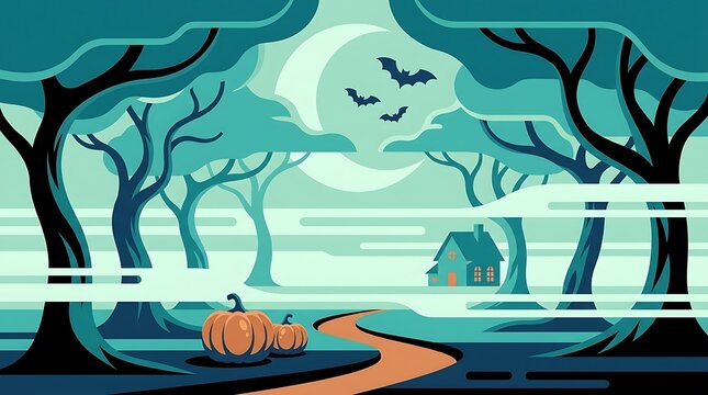 Halloween pumpkin in a spooky autumn forest at night