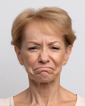 Senior woman making an awkward or embarrassed facial expression close up
