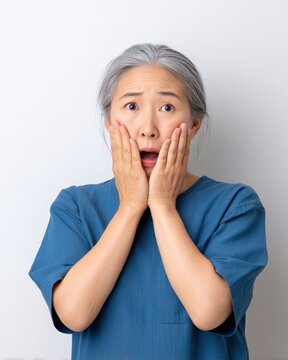 Shocked senior Asian woman with hands on face expressing disbelief