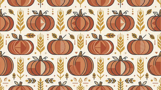 Seamless autumn pattern with stylized pumpkins and wheat stalks on cream background