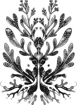 Symmetrical botanical illustration, rorschach inkblot style, featuring coastal halophyte plant elements, detailed flora, monochrome palette