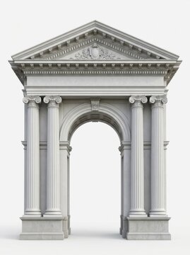 Classical Neoclassical Archway with Ionic Columns and Pediment Isolated on White Background for Architectural Design