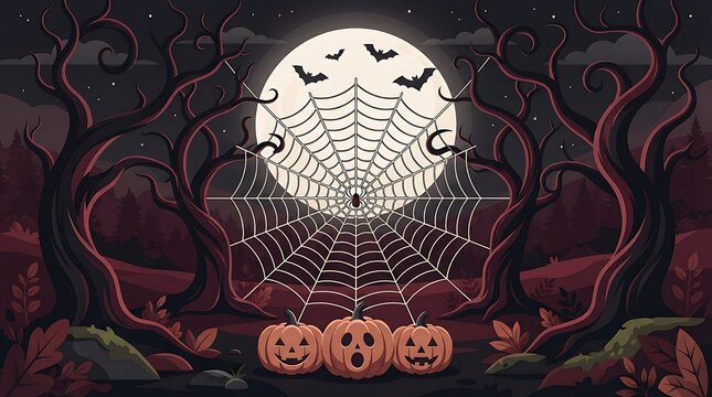 Halloween illustration with jack o lanterns, moon, and bats in dark web design