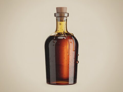 Glass bottle filled with dark amber liquid and sealed with cork stopper