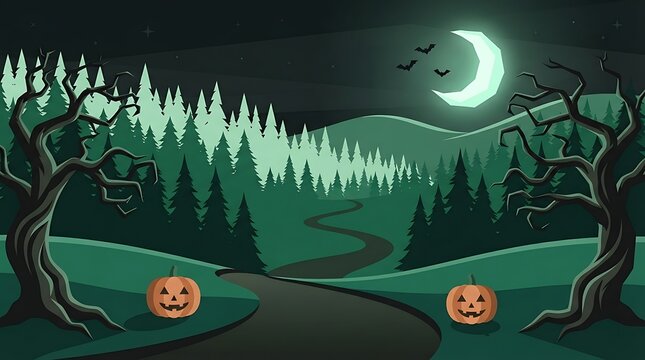 Halloween jack o lanterns in a spooky forest at night