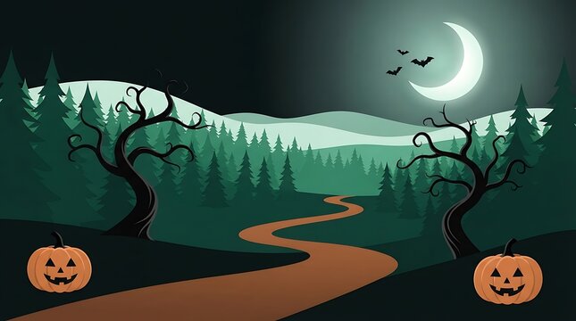 Halloween path with jack o lanterns under a moonlit forest