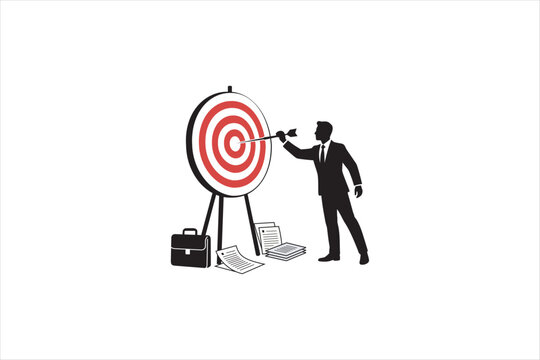 Businessman placing arrow directly in target center with documents beside. Vector illustration for business goal and success concept.