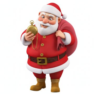 Cheerful santa claus holding a gold pocket watch and carrying a big red sack full of gifts for christmas time