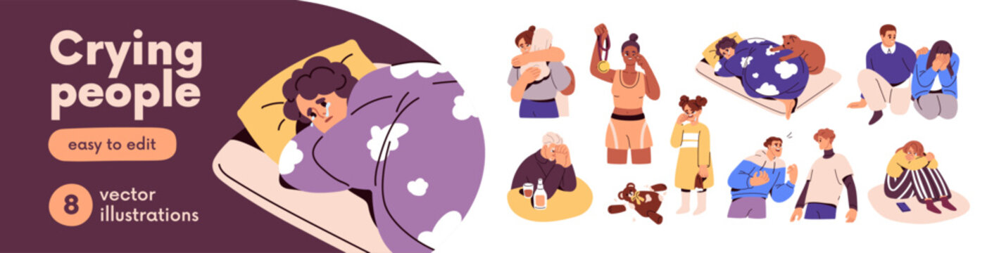 Sad persons cry, woman and man characters in grief, tears, bad mood. Upset sad people cry. Unhappy depressed emotions, man and woman feel despair, depression and grief. Flat vector illustrations