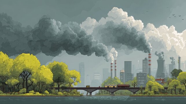 Factories belching dark smoke cast a gloomy shadow over the vibrant green forest.