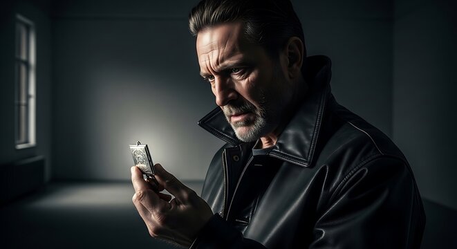 Serious man examining small object in dramatic lighting