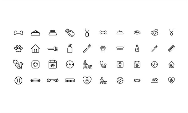 Set outline icons related to dog care. Linear icon collection. Editable stroke. Vector illustration