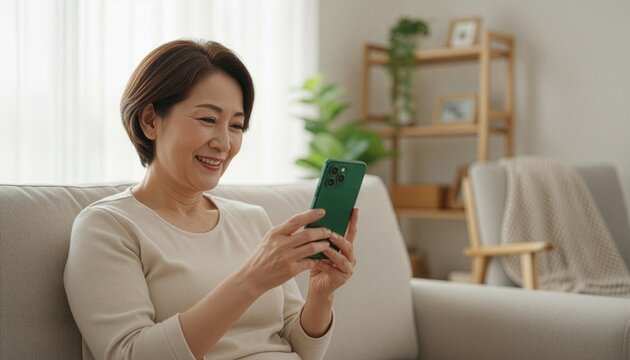 スマートフォンを使いこなし笑顔で画面を見るシニア女性