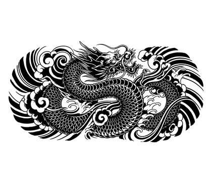 Detailed black and white illustration of a traditional Japanese dragon coiled among stylized waves and clouds.