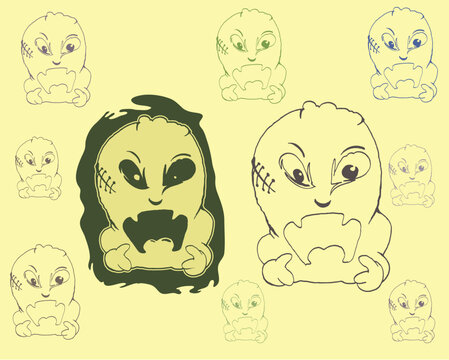  Spooky Cartoon Monster Character Vector Set and Pattern Background
