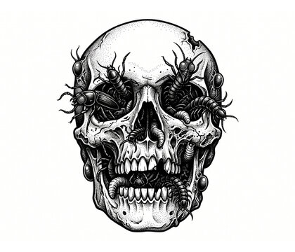 Detailed black and white illustration of a macabre human skull infested with creepy insects and worms.