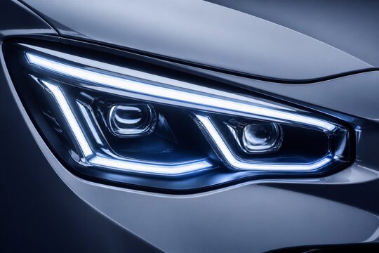 Car led headlight illuminated on front fender closeup