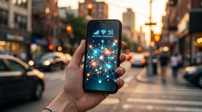 Hand holding smartphone displaying network connectivity icons and glowing digital nodes over city street, representing 5G mobile internet speed, wireless communication technology