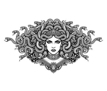 Detailed black and white illustration of mythical Medusa head with intertwined snake hair and ornate border.
