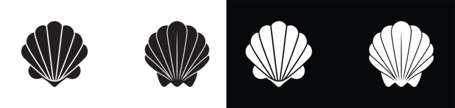 Scallop shells in silhouette form presented in both black on white and white on black contrasting versions for versatile design applications and visual appeal