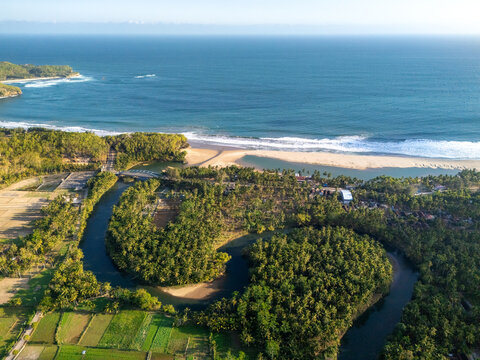 Aerial view of a winding river flowing through lush palm tree forests and agricultural fields towards a sandy beach and the blue ocean in Pacitan, East Java, Indonesia.