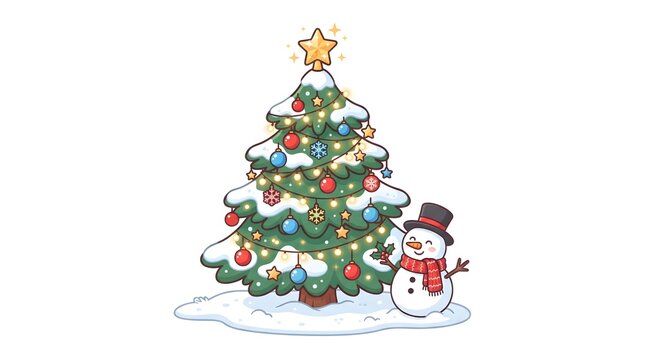 Cute snowy Christmas tree decorated with colorful ornaments and lights, accompanied by a cheerful snowman. Festive winter cartoon vector illustration isolated on a white background.