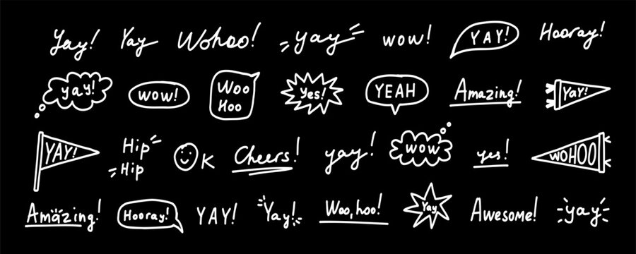 Black and White Bubble Speech with Yay Text Set. Yay Typography Balloon Sticker Kit. Playful Hurray Speechbubble Chat Collection. Handdrawn Vector Illustration