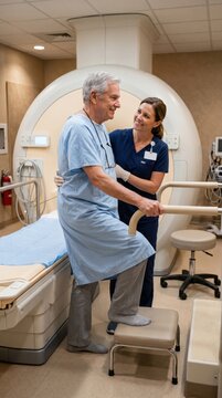 Senior male patient in hospital gown stepping onto stool with assistance from female healthcare worker in medical imaging room with CT scanner.