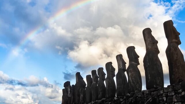 View of the iconic Moai statues at Ahu Tongariki standing in a row against a twilight sky on Easter Island, Valparaiso, Chile.
