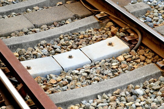Railroad tracks and ballast with concrete sleepers