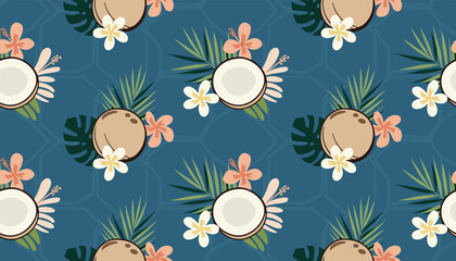 Obraz premium Seamless vector tropical pattern featuring coconuts, green palm leaves, and colorful exotic flowers on a blue background.