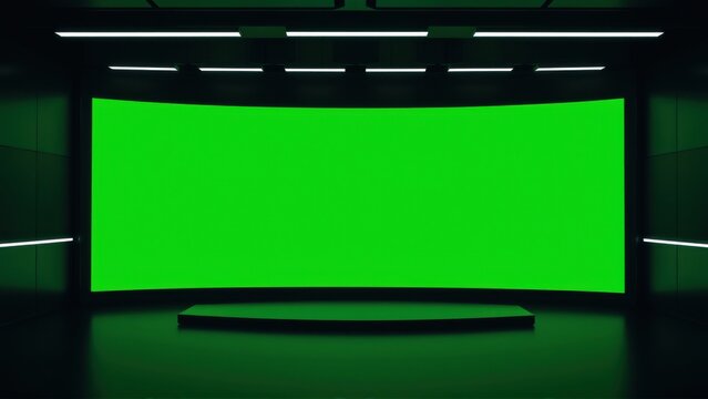 Dark studio setup features large green screen, stage platform. Bright lights illuminate presentation area. Modern design, minimalist aesthetic.