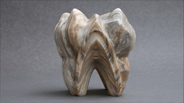 Tooth art made of marbled stone displays complex layering and intricate veining.