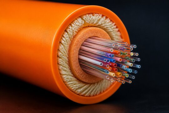 Orange fiber optic cable cross section showing glass fibers