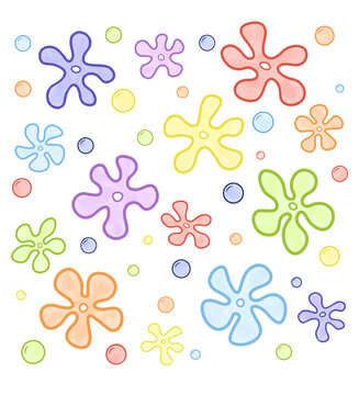 Set of colorful flower shapes and floating bubbles in pastel tones