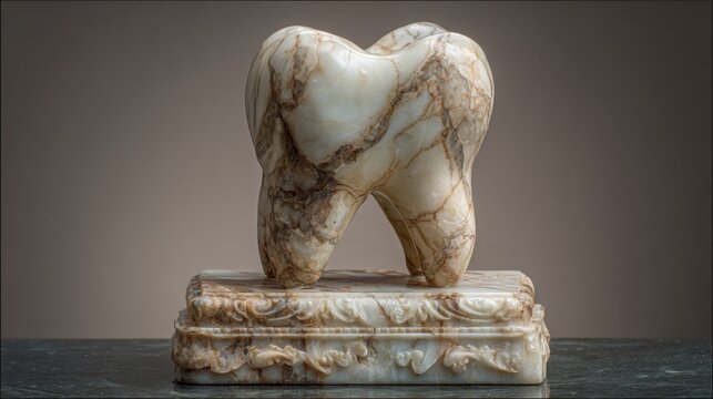 Tooth sculpture carved from polished marble sits upon a decorative stone pedestal.